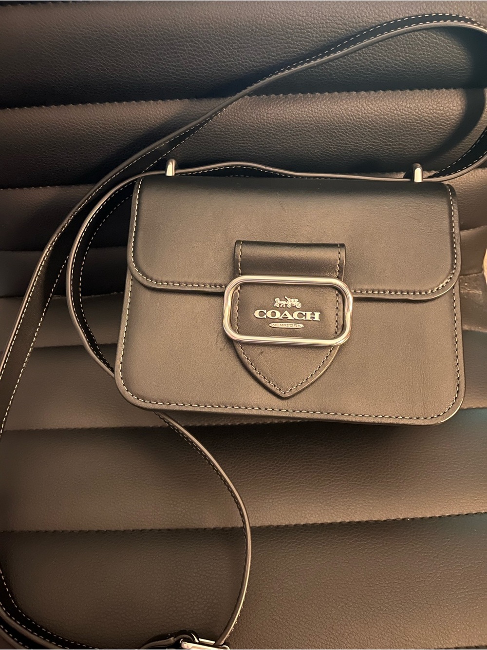 Coach Black Leather Morgan Square Crossbody with Silver Buckle